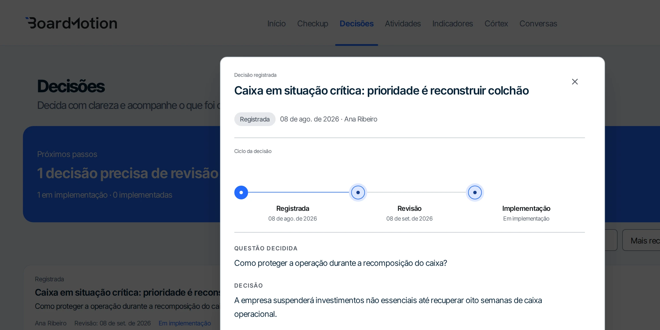 Registro de uma decisão sobre recomposição do caixa, com o ciclo da decisão, a questão decidida e o que foi decidido.