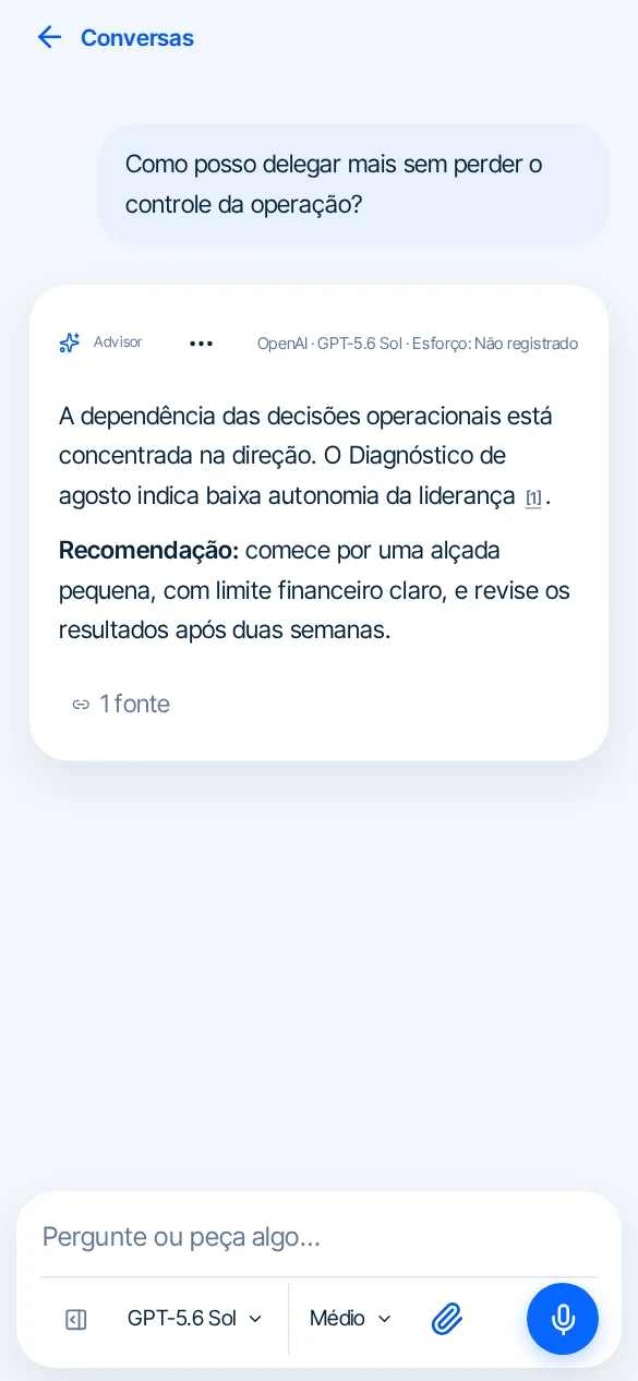 Conversa com o Advisor sobre delegação, com fonte e recomendação.