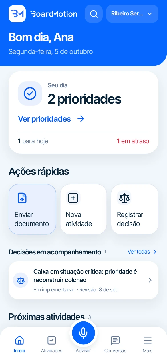 Início do BM no celular, com prioridades de Ana Ribeiro.